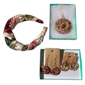 Garden Party bundle of Pressed Floral Resin Jewelry with Handmade Headband Crown